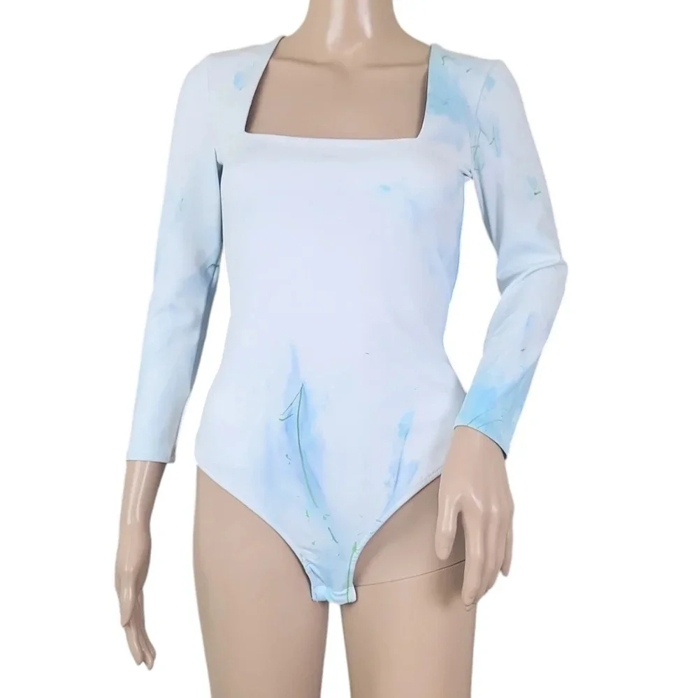 Free People Truth Or Square Custom Tie Dye Clouds Bodysuit White Basic